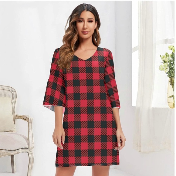 Black Red Buffalo Check Plaid V-Neck Bell Sleeve Sweet & Cute Shift Mini Dress - Picture 5 of 6